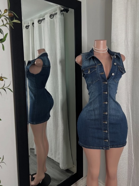Dresses & Skirts - Sleeveless Dark Blue Denim Button-Front Mini Dress